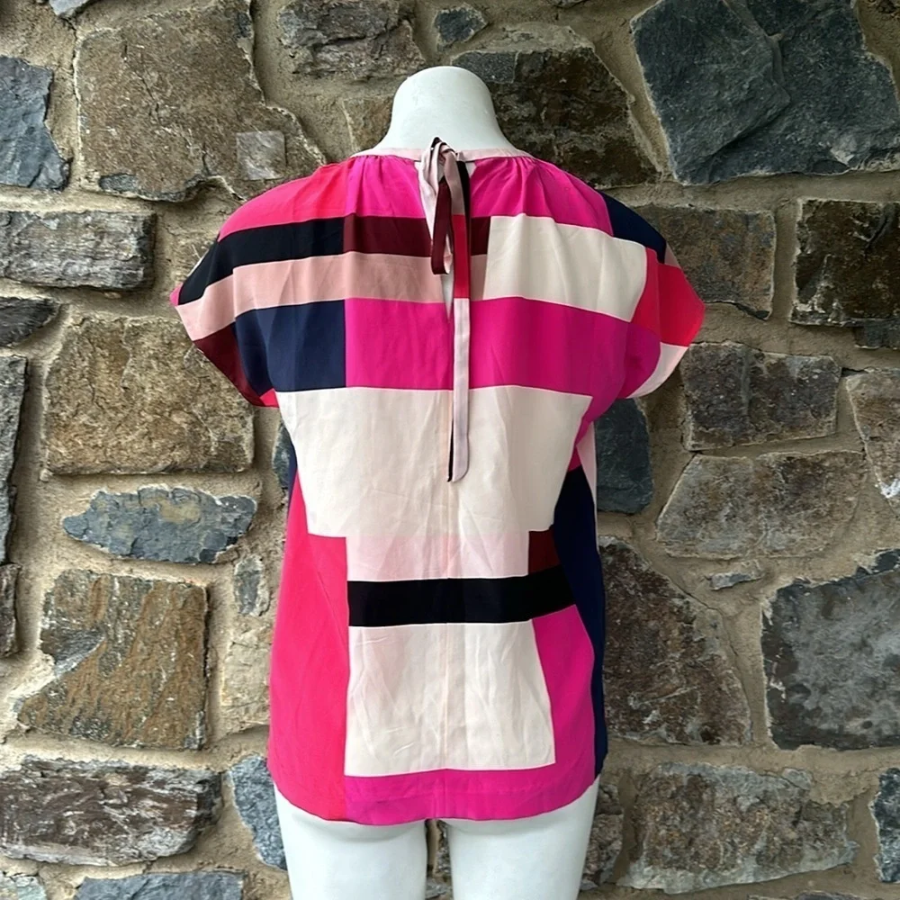 Kate Spade New York Silk Short Sleeve Colorblock Blouse in Pink/Cream Size 0